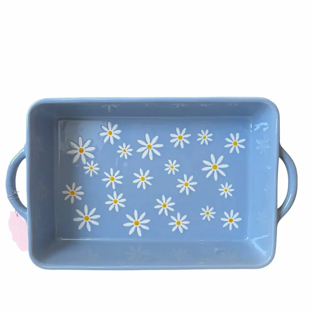 10 Strawberry Street Daisy Rectangular Baker 12x8 Blue Polka Dot NEW